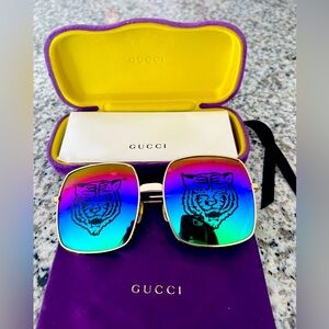 Authentic Gucci GG0414S 004 Gold Tiger Square Multicolor Mirror Sunglasses